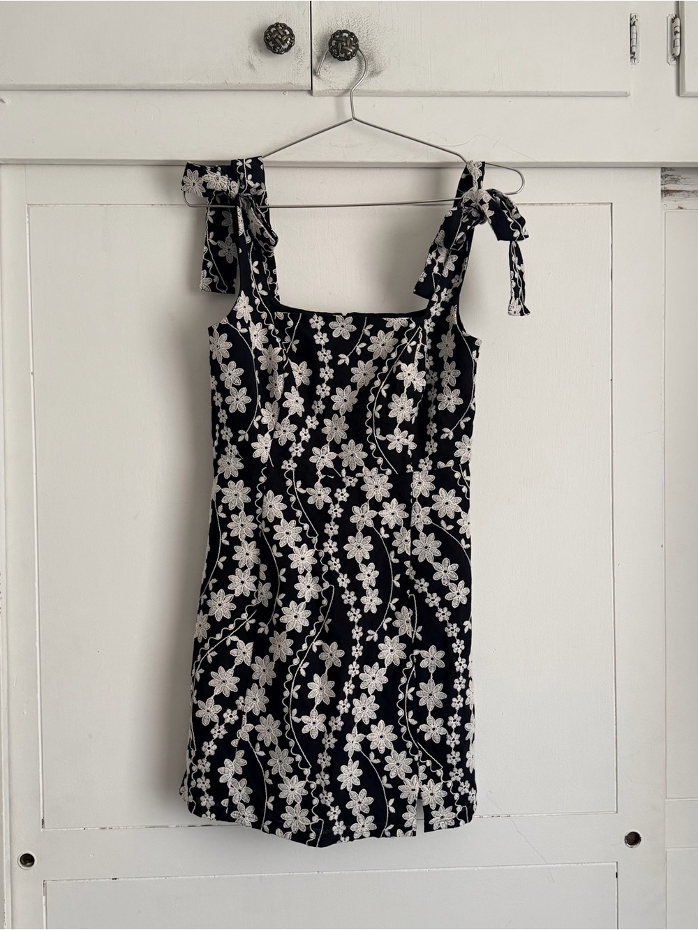 Sezane Black Mini Dress with White Floral Embroidery